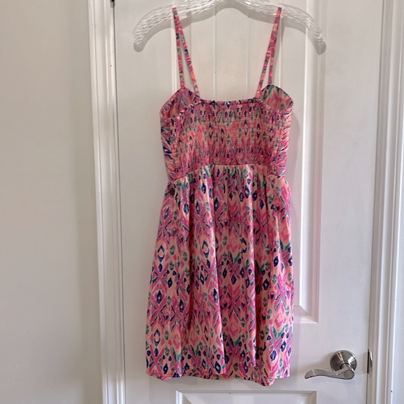 Roxy Neon Pink & multi colored patterned dress w front zip & spaghetti straps - Picture 6 of 12